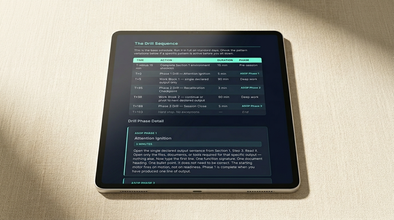 The Deep Work Ignition Roadmap showing The Drill Sequence with The Neural Grip Drill Phase timing table on iPad Pro