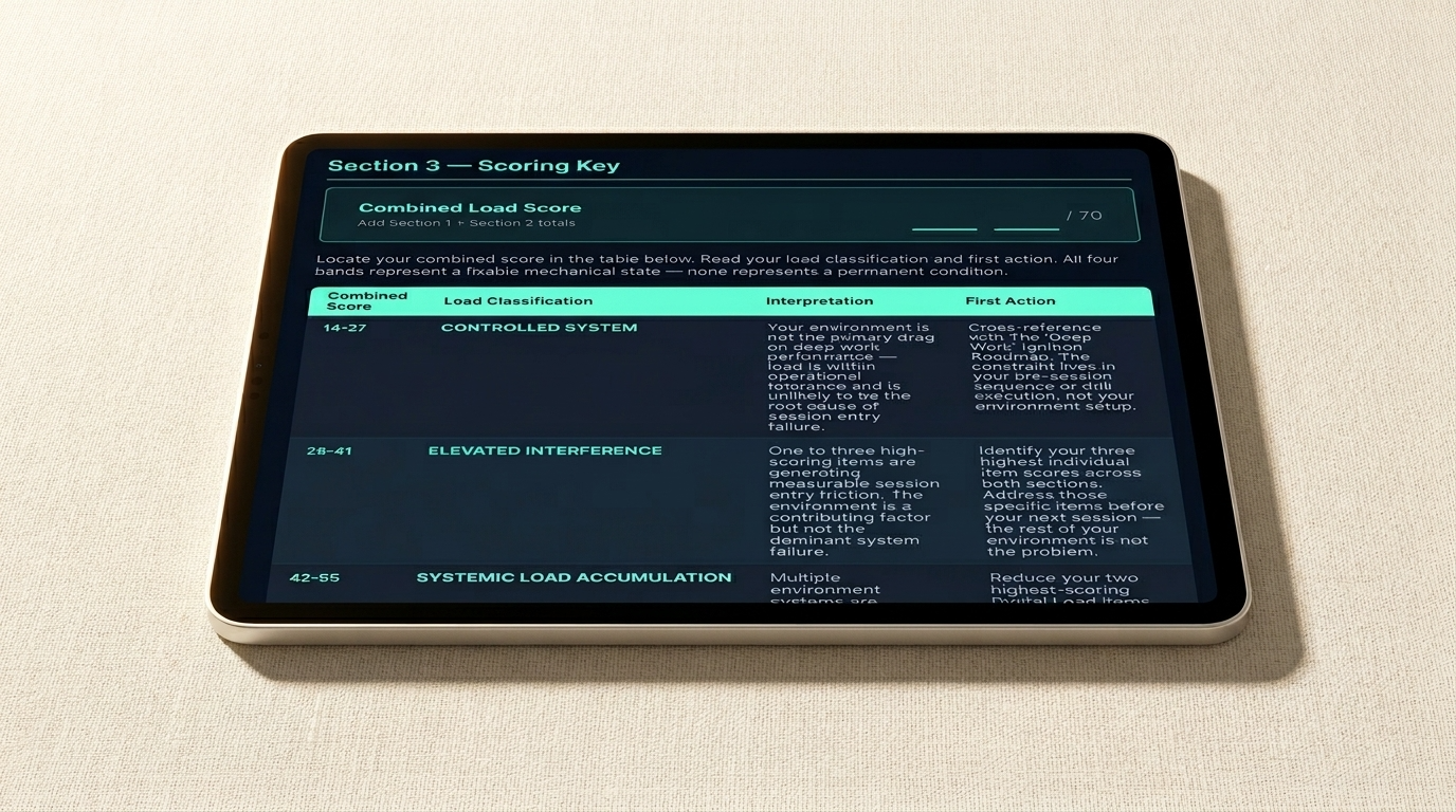 The Cognitive Load Audit showing Section 3 Scoring Key with Combined Load Score bands and First Action recommendations on iPad Pro