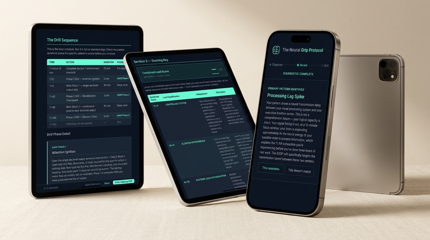 The Neural Grip Protocol app on iPhone 15 Pro showing Processing Lag Spike diagnostic result, with The Deep Work Ignition Roadmap and The Cognitive Load Audit on iPad Pro