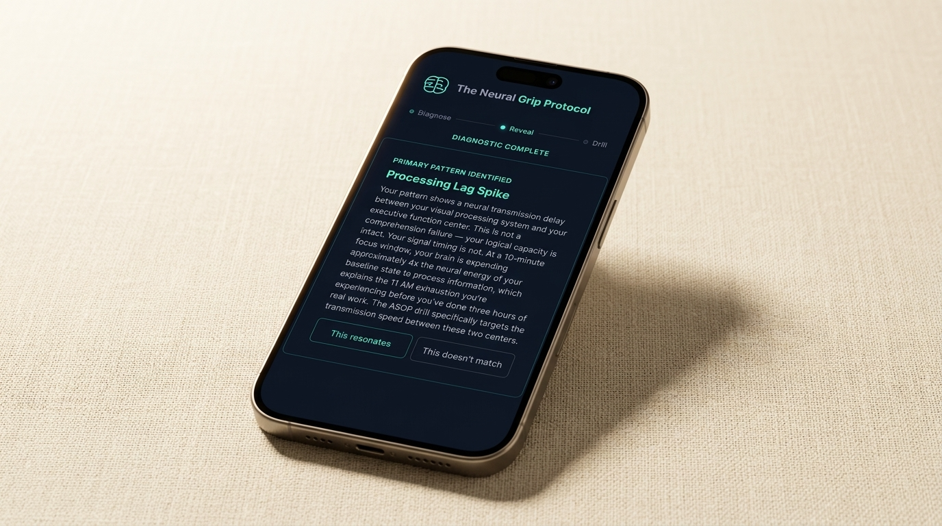 The Neural Grip Trainer app showing Processing Lag Spike pattern identification and calibration drill interface on iPhone 15 Pro